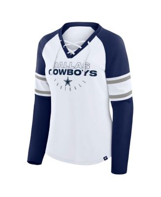 Women's White/Navy Dallas Cowboys Redzone Blitz Package Raglan Lace-Up V-Neck Long Sleeve T-Shirt