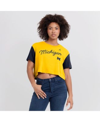 Women's Maize/Navy Michigan Wolverines Color-Block Script Dri-FIT Cropped T-Shirt