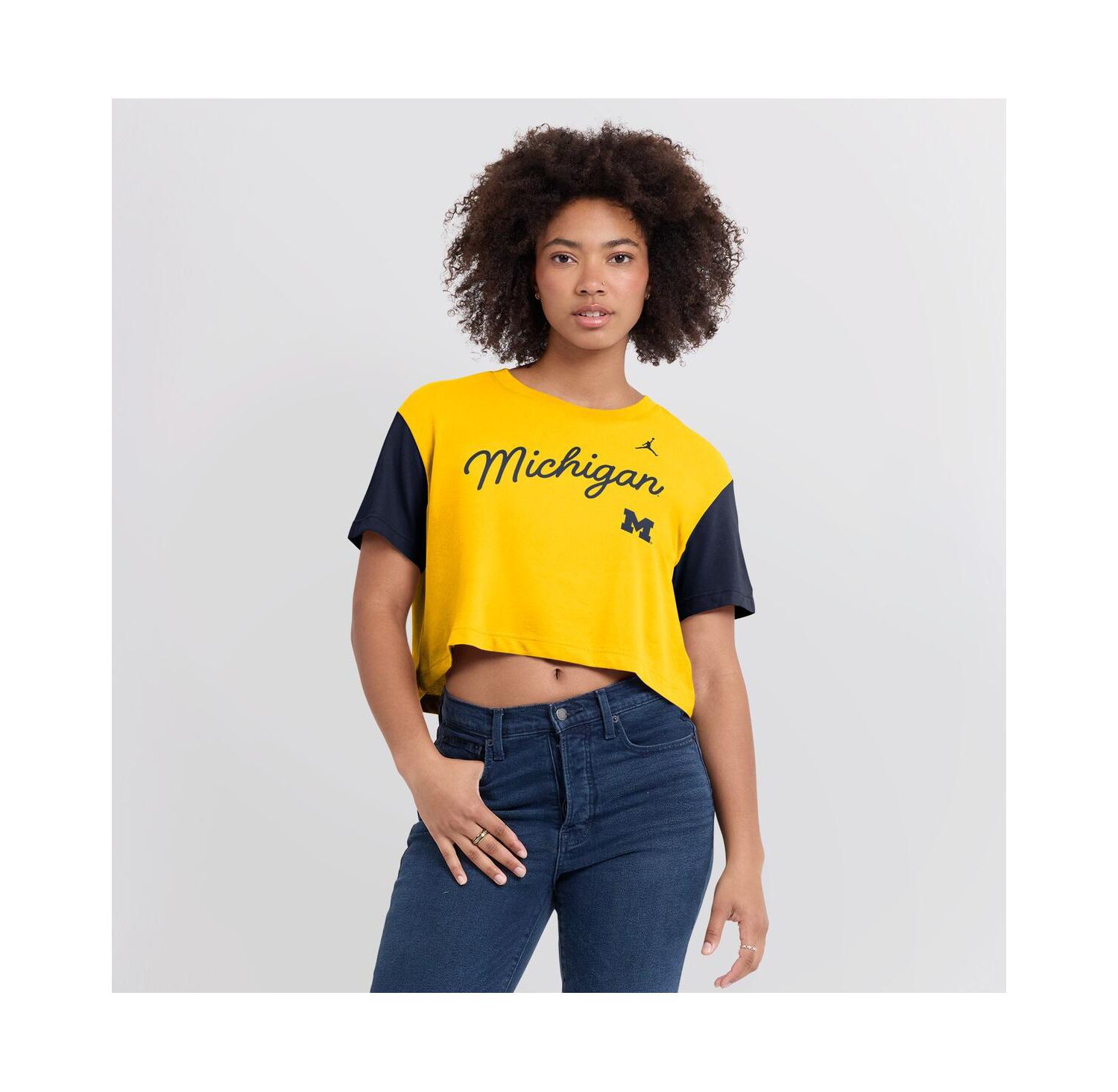 Women's Maize/Navy Michigan Wolverines Color-Block Script Dri-FIT Cropped T-Shirt
