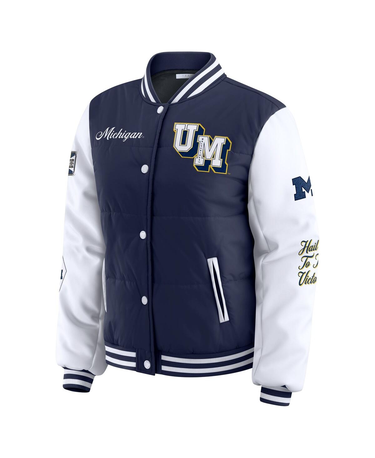 Wear By Erin Andrews Women's Navy Michigan Wolverines Varsity Puffer Jacket In Blue