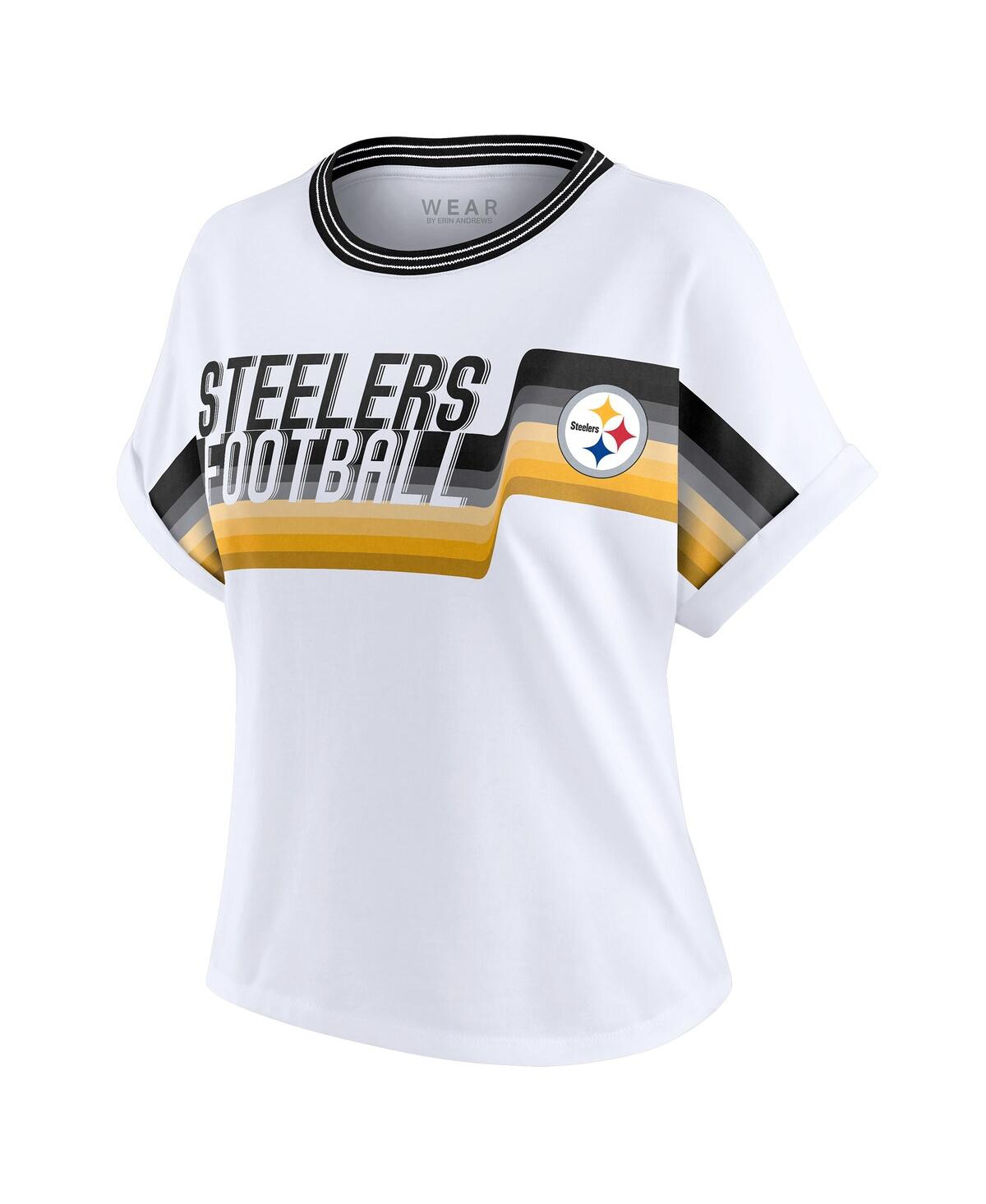 Wear by Erin Andrews Women's White Pittsburgh Steelers Cropped Center Stripe Dolman T-Shirt