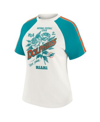 Women's White Miami Dolphins Sleeve Stripe Distressed Raglan T-Shirt