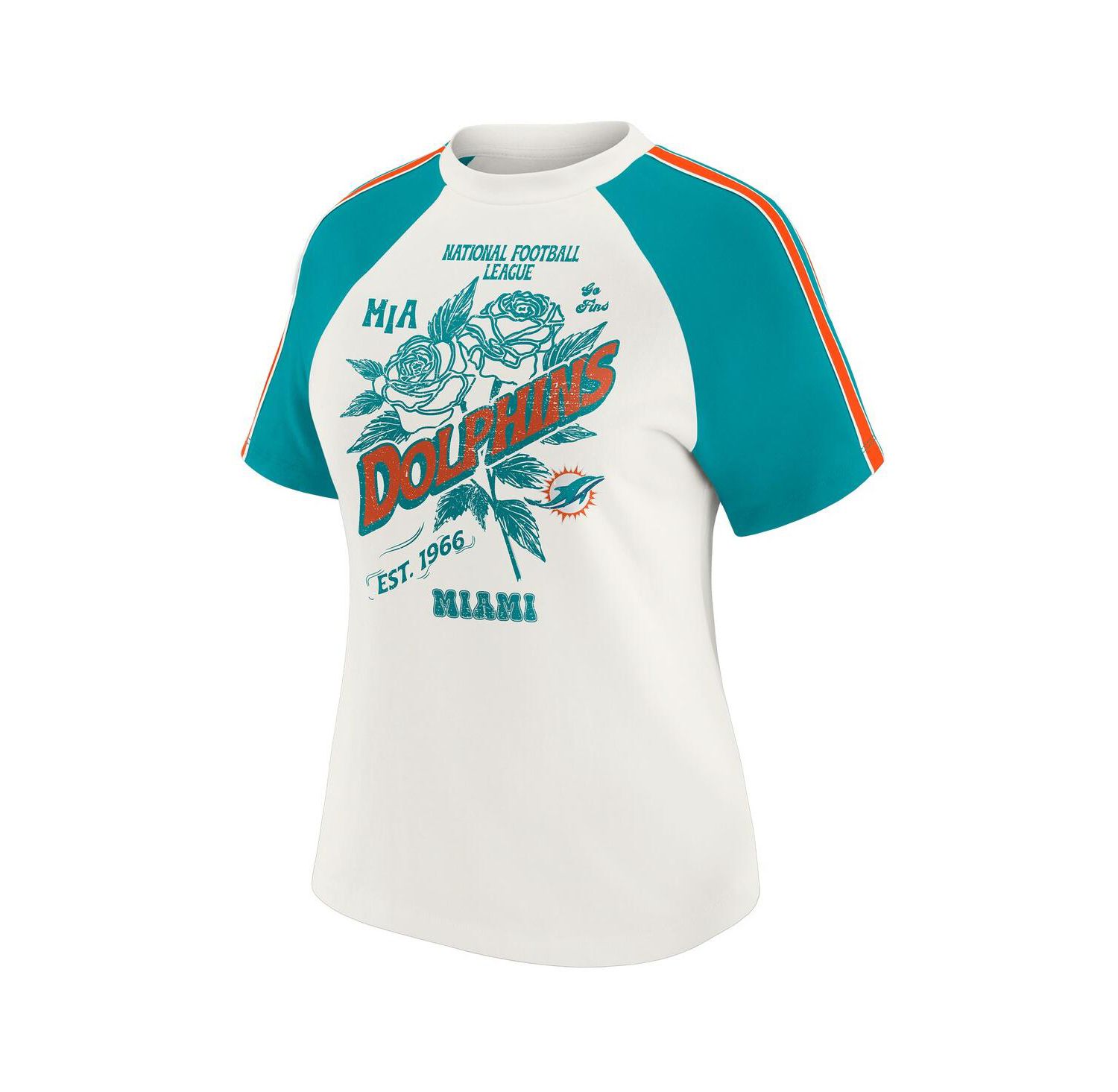 Women's White Miami Dolphins Sleeve Stripe Distressed Raglan T-Shirt