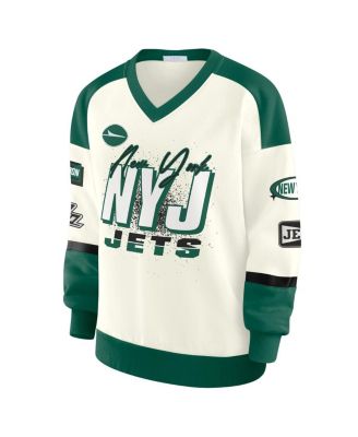 Women's Cream New York Jets Racing Crew V-Neck Sweatshirt