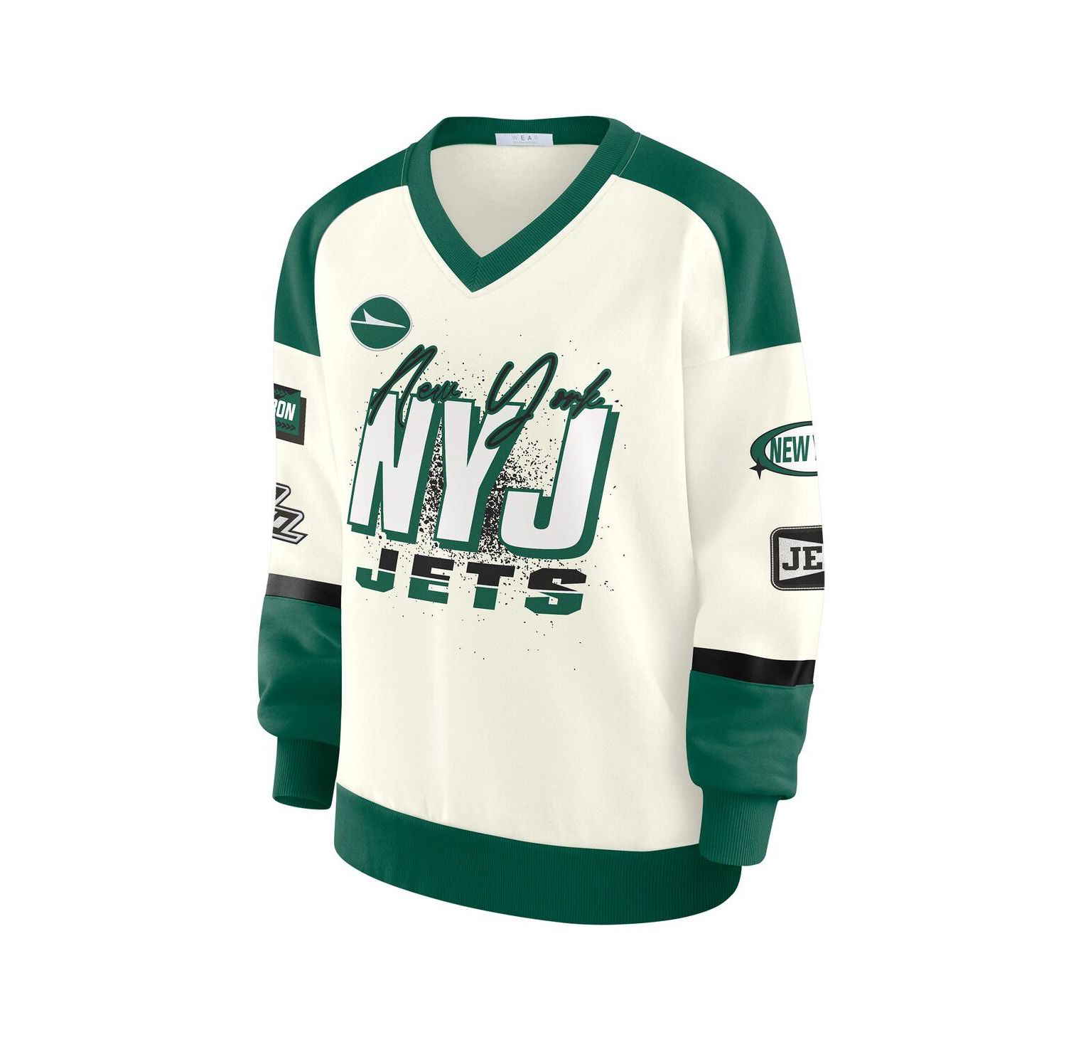 Women's Cream New York Jets Racing Crew V-Neck Sweatshirt