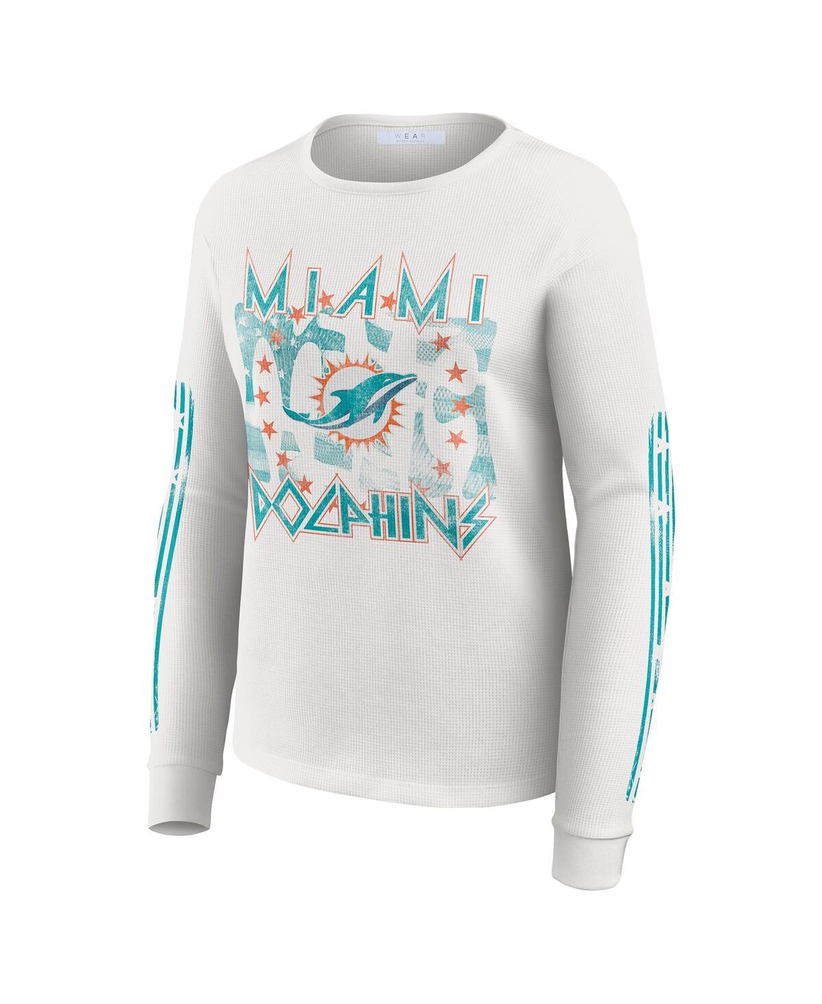 Wear By Erin Andrews Women's White Miami Dolphins Graphic Waffle Long-sleeve T-shirt In Animal Print