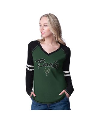 G-III 4Her by Carl Banks - Women's Hunter Green/Cream Milwaukee Bucks Winner Waffle Knit Thermal Long Sleeve Tri-Blend T-shirt