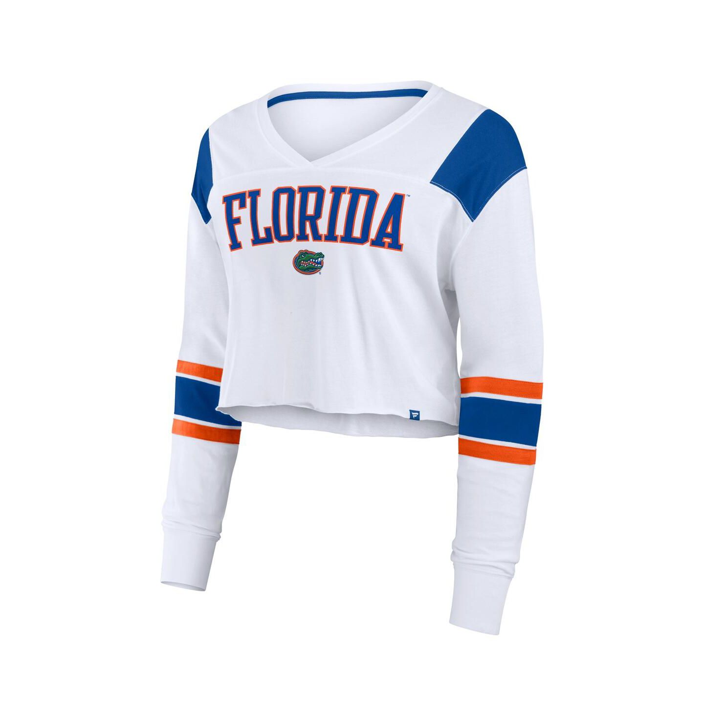 Женский топ Fanatics White Florida Gators Training Camp Cropped Long Sleeve V-Neck Fashion — фото 3