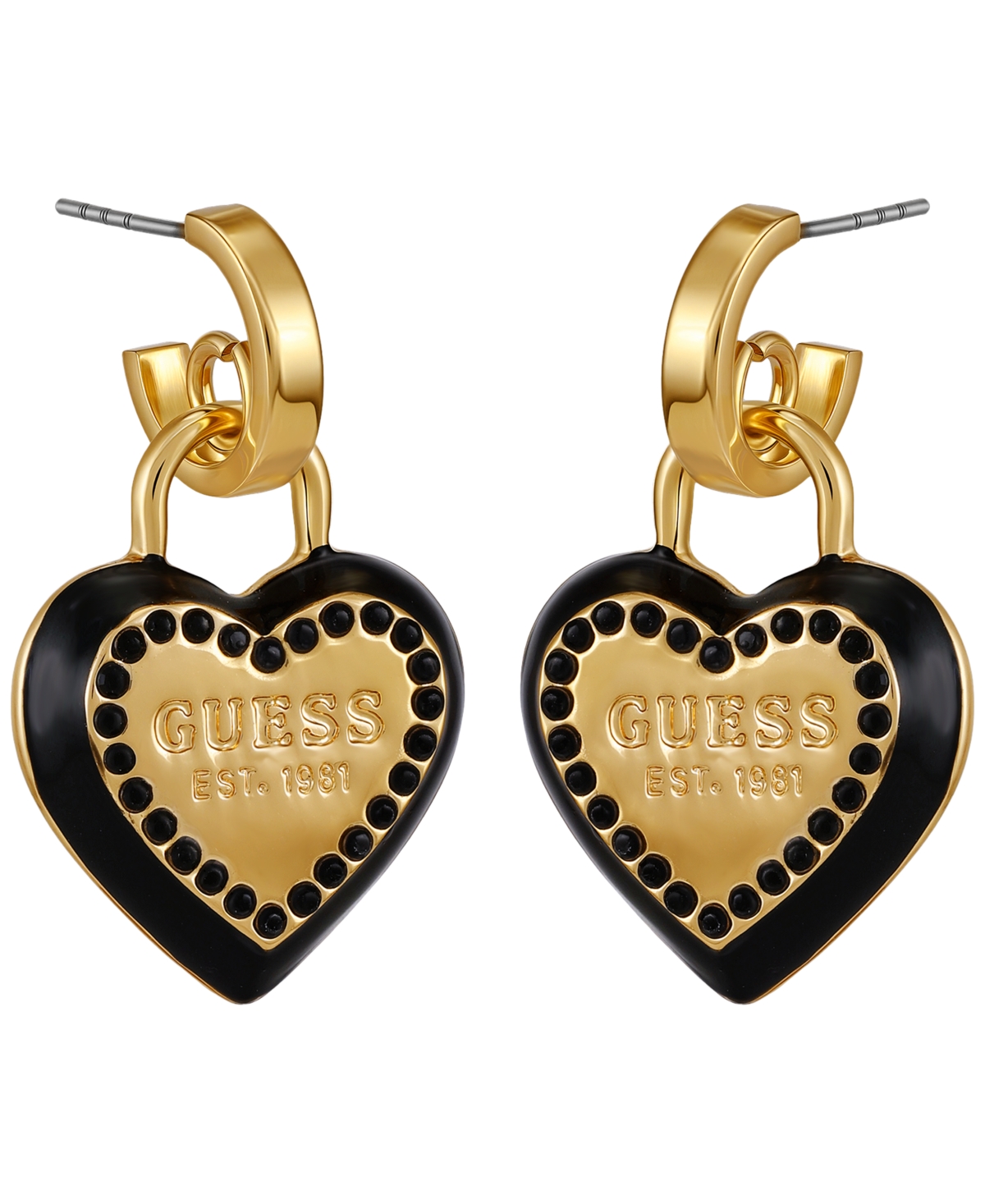 Guess Glass Stone Gold-tone Heart Drop Hoop Earrings In Gold