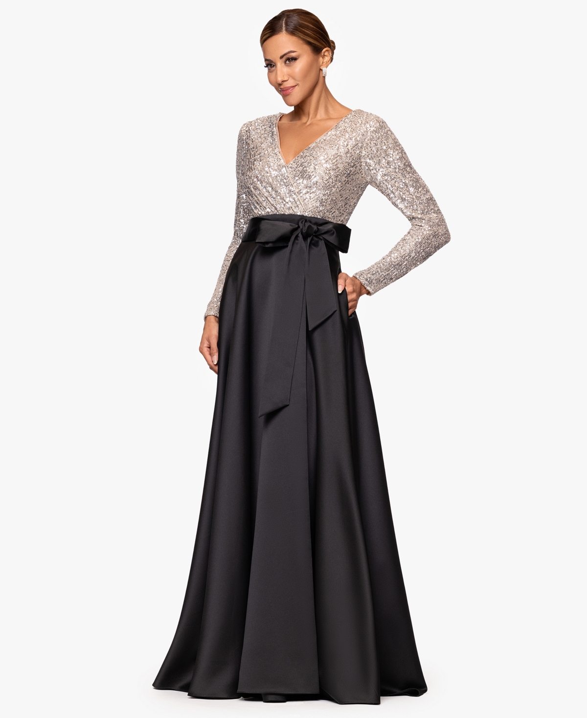 Xscape Petite Sequin Detail V-neck Maxi Dress In Multi