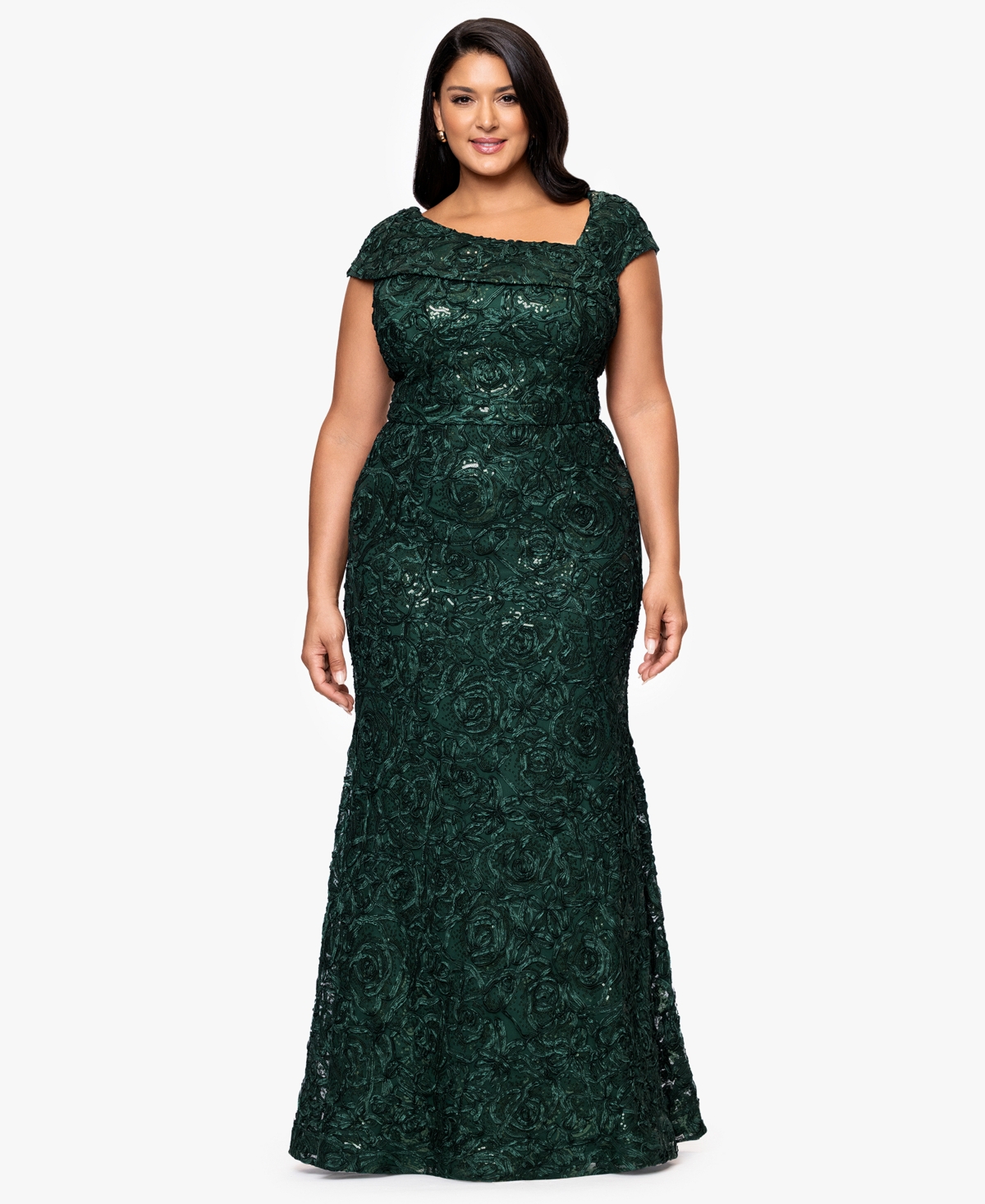 Xscape Plus Size Lace Detail Asymmetrical Neck Maxi Dress In Green
