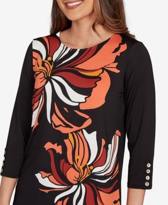 Petite Button Sleeve Bold Floral Top