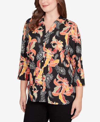 Petite Shirt Collar Floral Paisley Button Front Top