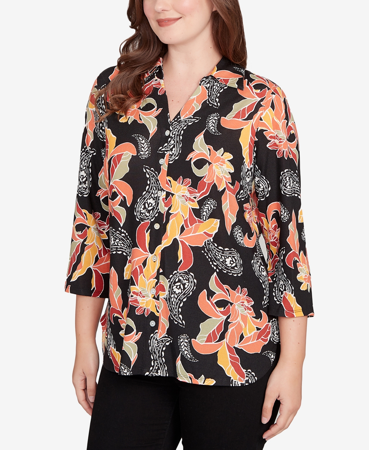 Ruby Rd. Petite Shirt Collar Floral Paisley Button Front Top In Multi