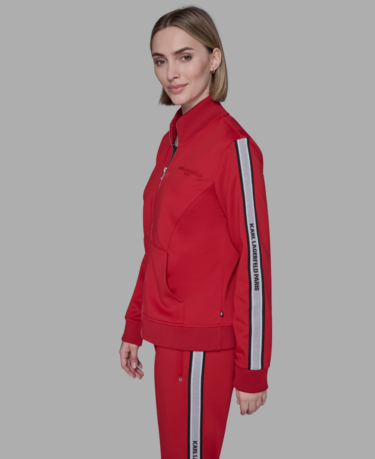 Karl Lagerfeld Women's Logo Tape Zip Up Jacket In Red