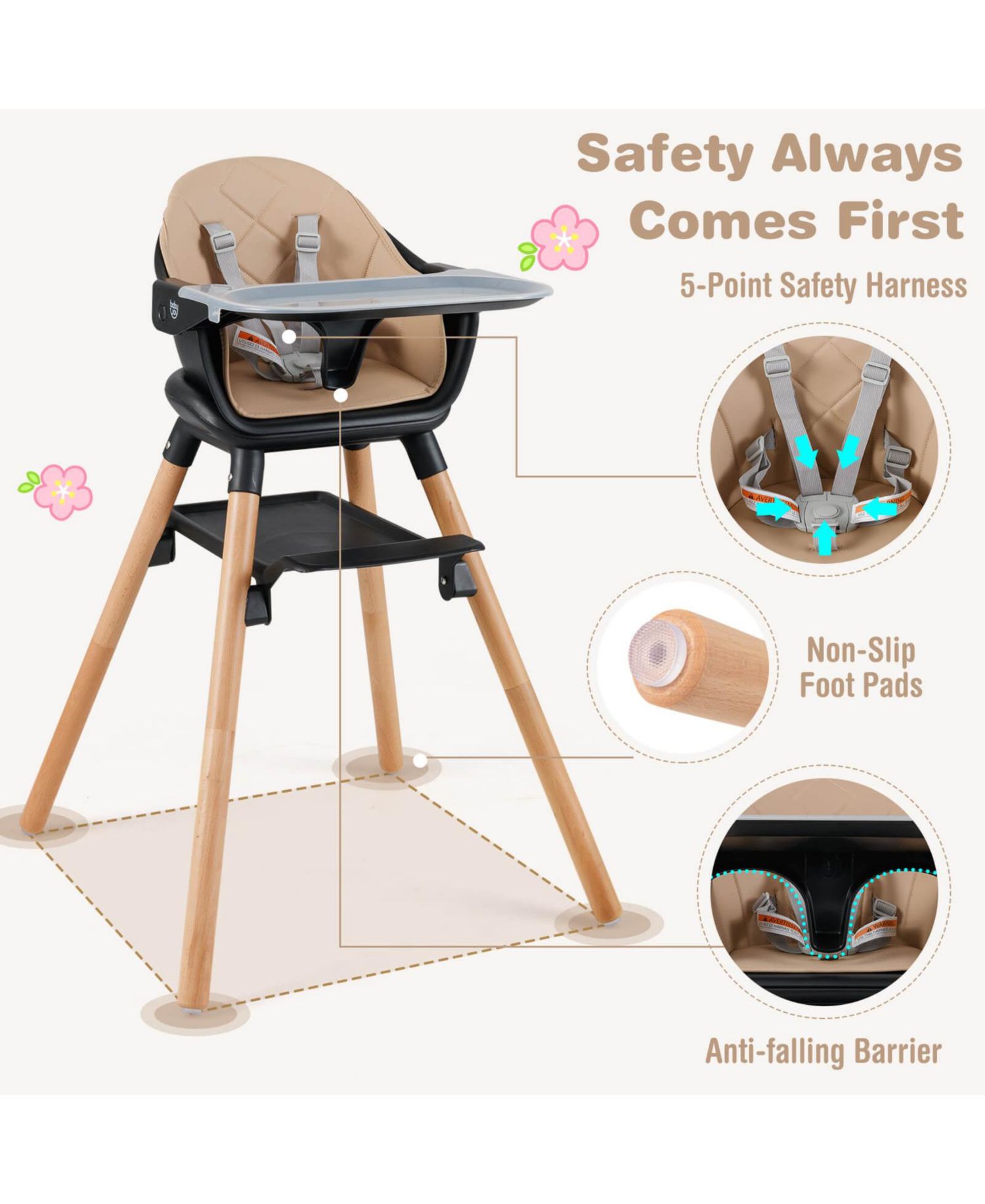 6-in-1 Convertible Wooden Baby Highchair Infant Feeding Chair with Removable Tray