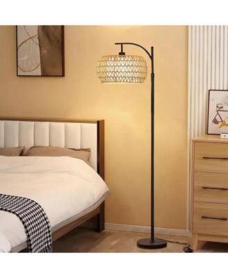 Dimmable Boho Floor Lamp with Rattan & Linen Drum Shade – Remote & Footswitch Control