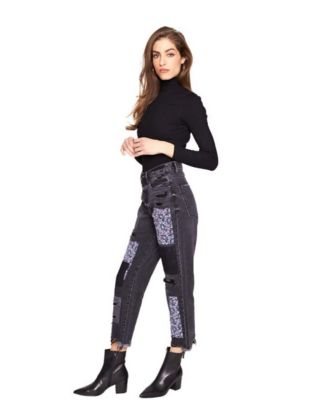 Women's Black Stone Paisley Patchwork High-Rise Straight Leg Jeans, 100% Cotton