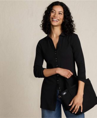 Women's Long Sleeve Polished Rib Button Through Tunic Shirt