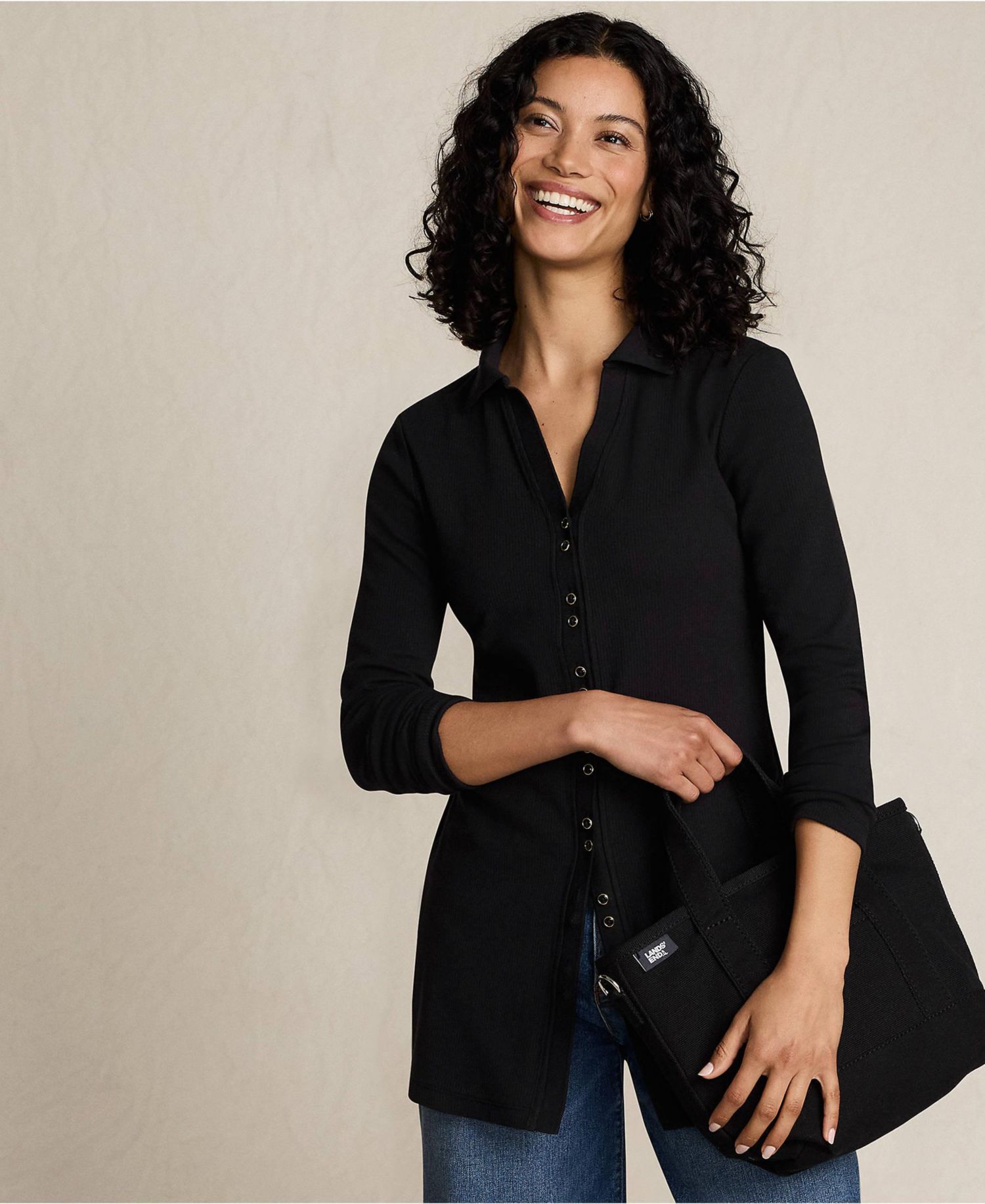 Women's Long Sleeve Polished Rib Button Through Tunic Shirt