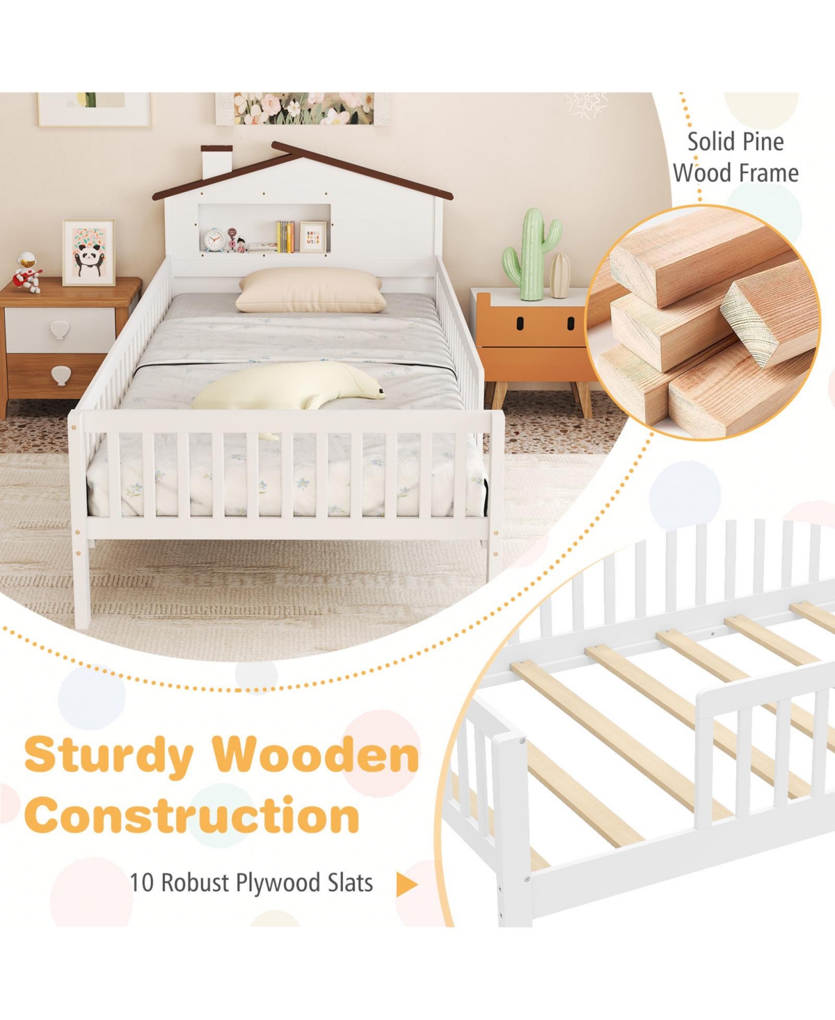 Gymax Twin Kids Bed Solid Wood Platform w/ Under-bed Storage & Cube