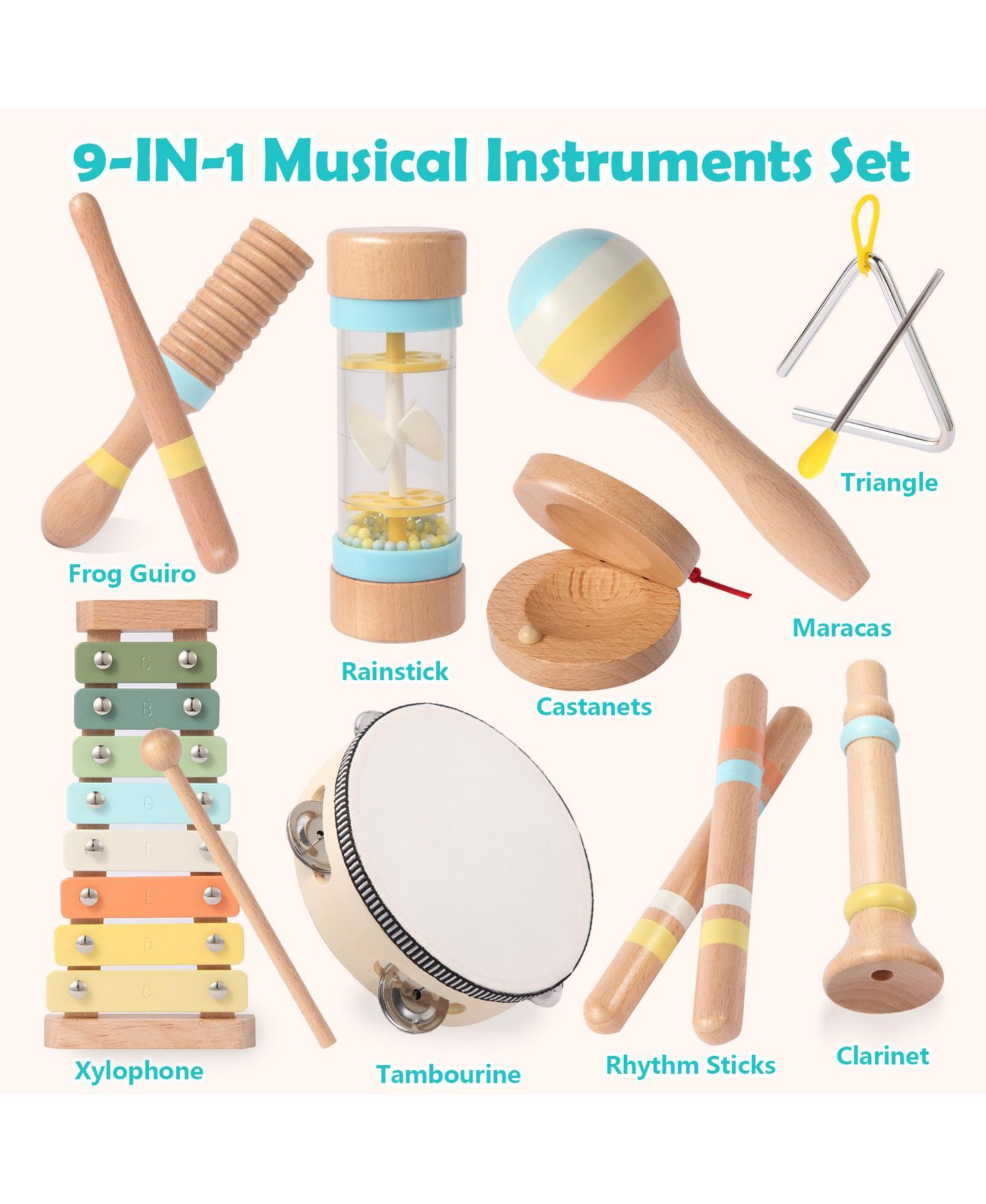 Детские игрушки SUGIFT Wooden Montessori Musical Instruments 9-Piece Set, Ages 1–5, цвет: Натуральный — фото 4