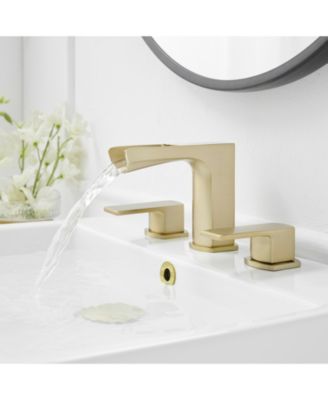 3 Holes Vanity Sink With Metal Drain Waterfall 8 in. Widespread Double Handle Gold Bathroom Faucet Set