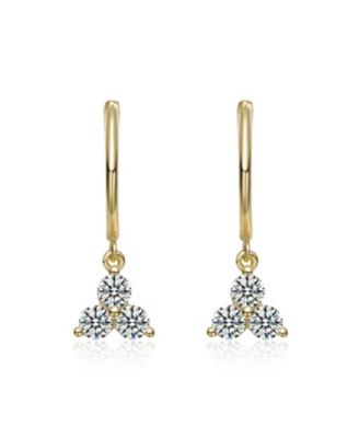 14K Gold Plated with Clear Cubic Zirconia Three Stone Drop Hoop Earrings