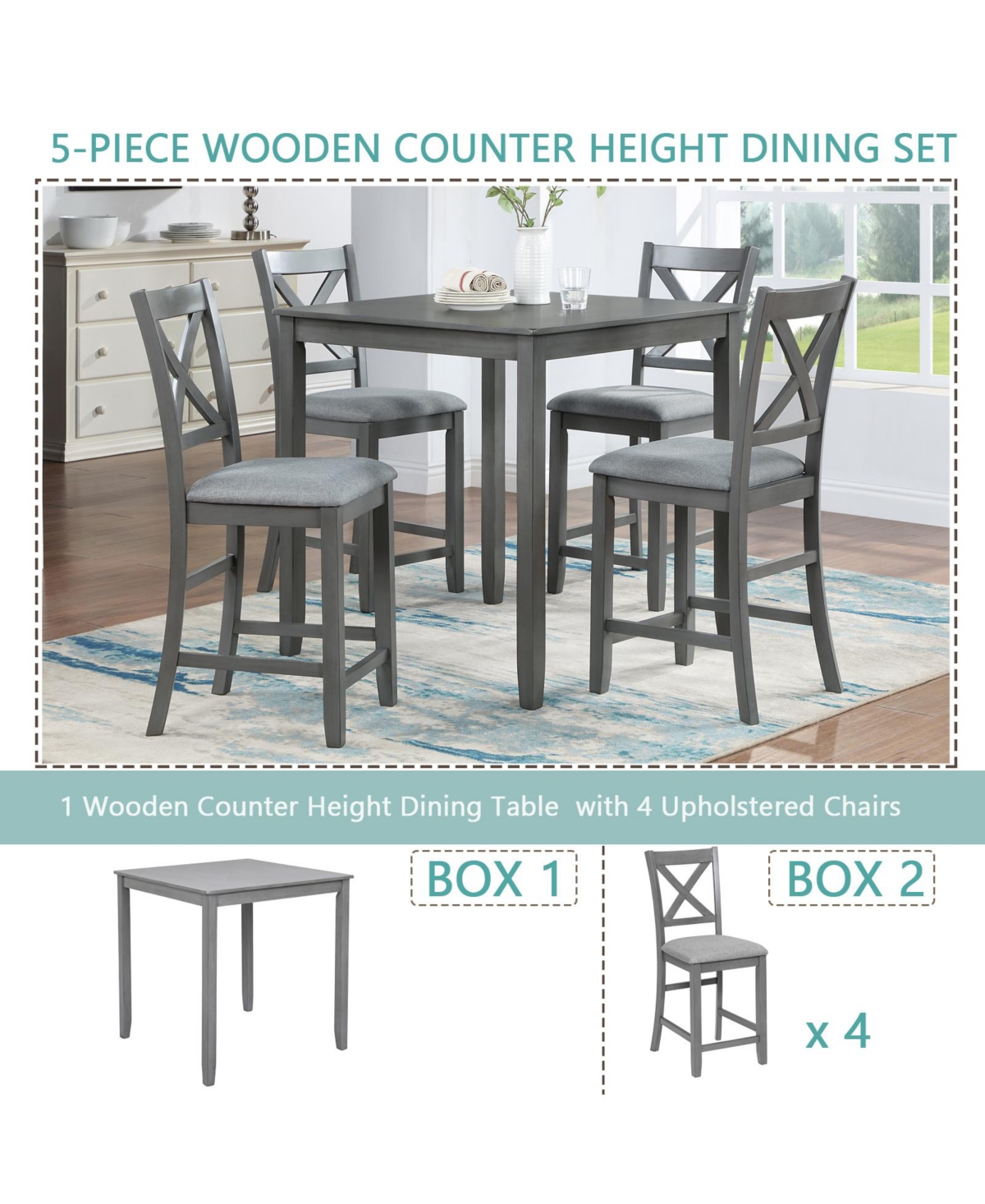 Casainc 5 Piece Square Counter Height Dining Table Set with 4 Upholstered Chairs