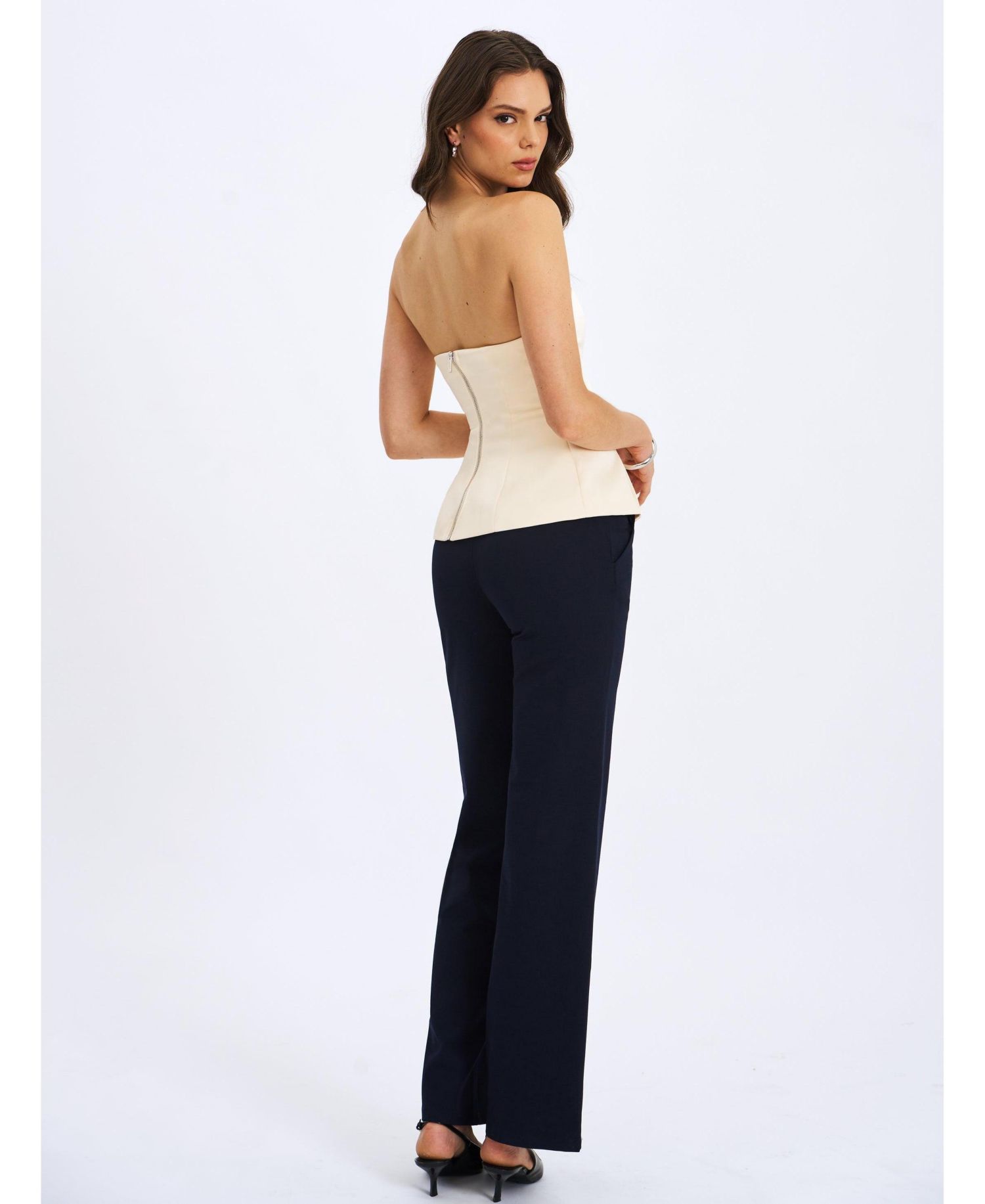 Women Yani Ivory Asymmetrical Lapel Sleeveless Peplum Top