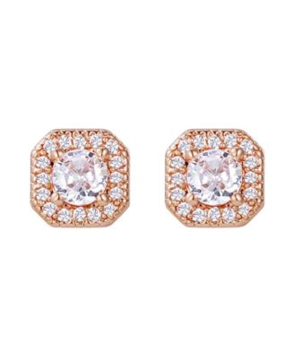Rose Gold Plated Cubic Zirconia Halo Square Cushion Stud Earrings