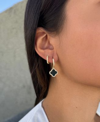 Gold Plated Cubic Zirconia Halo Black Clover Huggie Earring Set