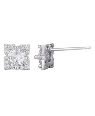 Silver Plated Cubic Zirconia Flower-Shaped Halo Stud Earrings