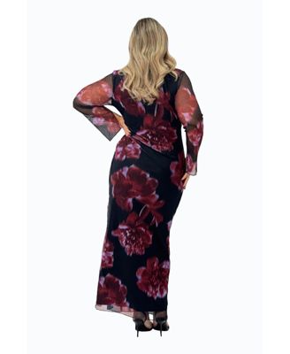 Women's Cowl Neck Mesh Flare Sleeve Maxi Dress