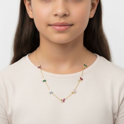 Kids 14K Gold Plated Multi-Color Cubic Zirconia Butterfly Necklace