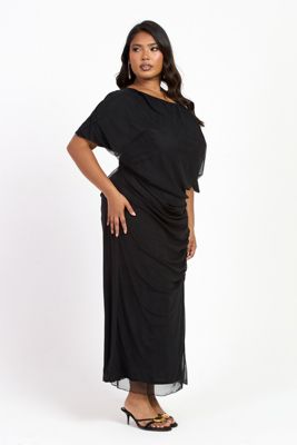 Women's Drop Shoulder Ruched Mesh Midaxi Dress