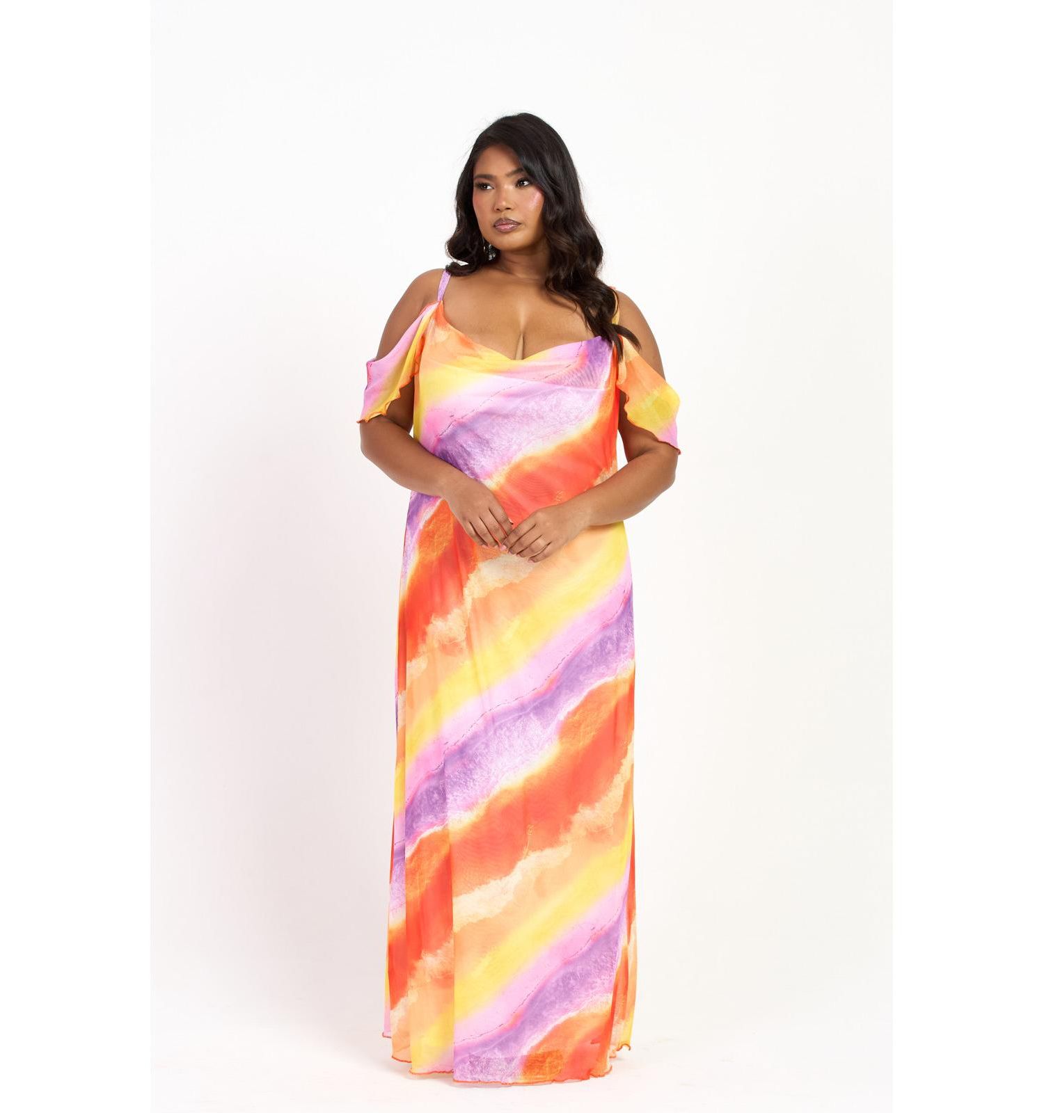 Women's Cold Shoulder Marble Print Maxi Dress