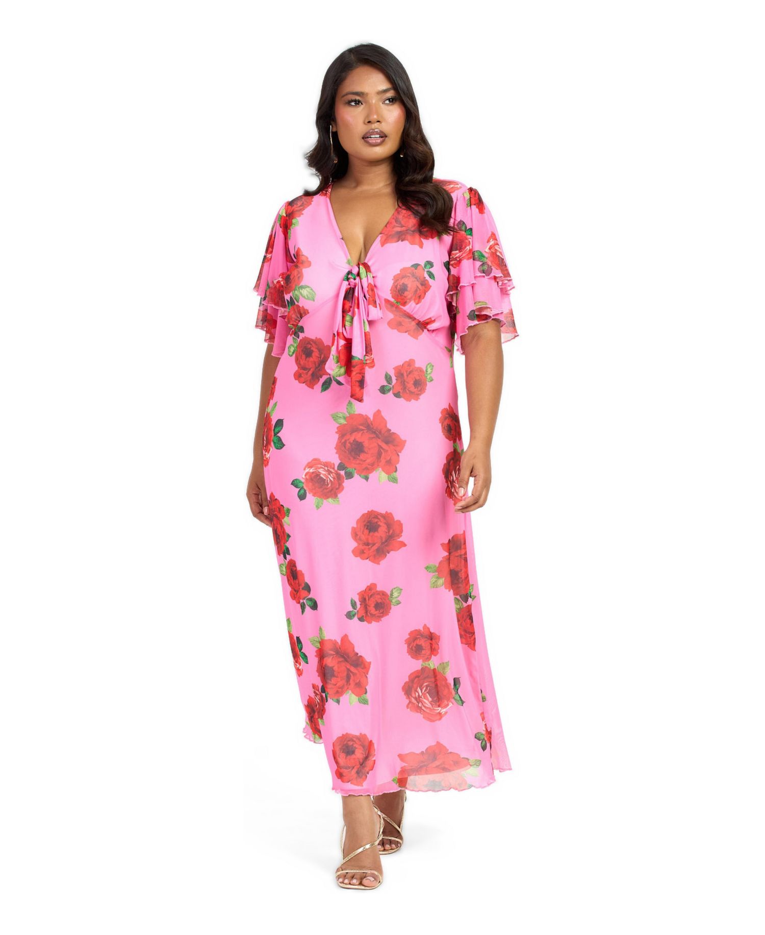 Women's Flutter Sleeve Tie Front Midi Dress
