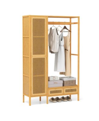 Bamboo Clothing Rack with Cabinet Hanging Rod Storage Shelf &amp; Drawers for Foyer