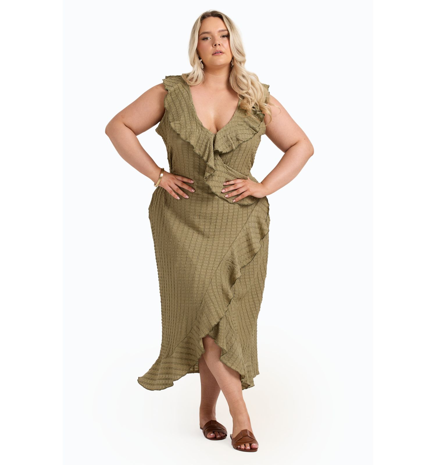 Women's Ruffle Wrap Sleeveless Midi Dress