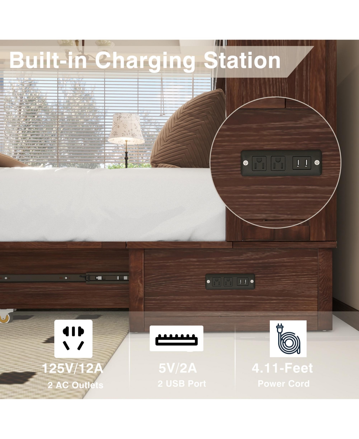 Livelylodge Solid Wood Queen Murphy Bed Cabinet,Usb Port & Large Drawer for Home/Guest Room(No Mattress)