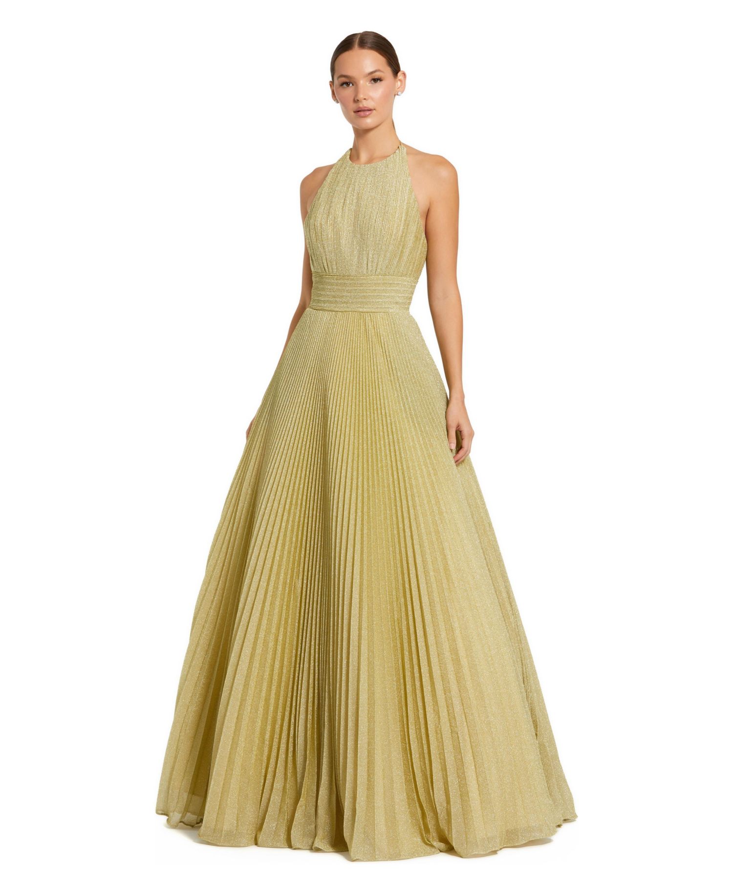 Women's Shimmering Pleated Georgette High Neck Gown