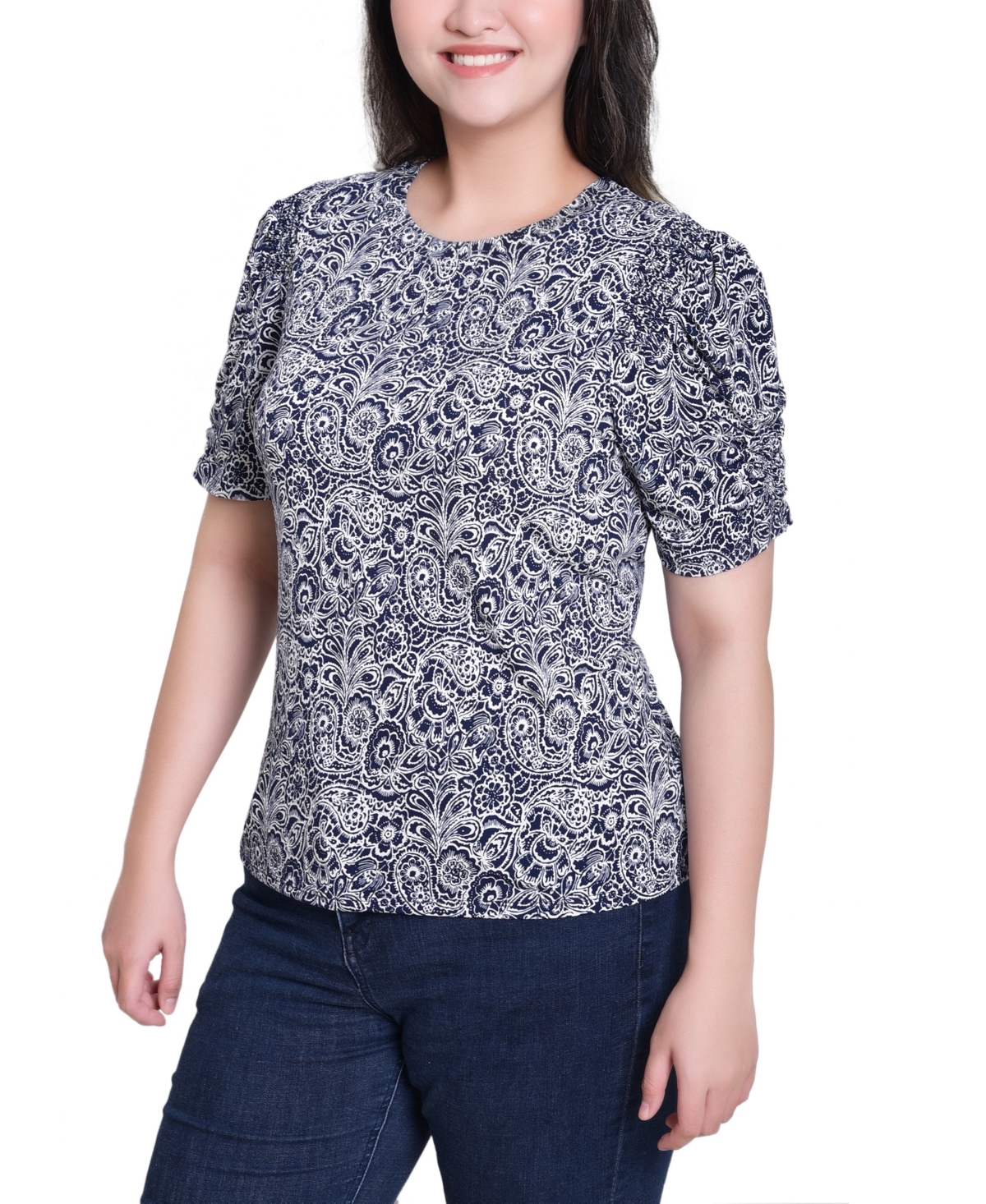 Ny Collection Petite Short Sleeve Scoop Neck Top In Gray
