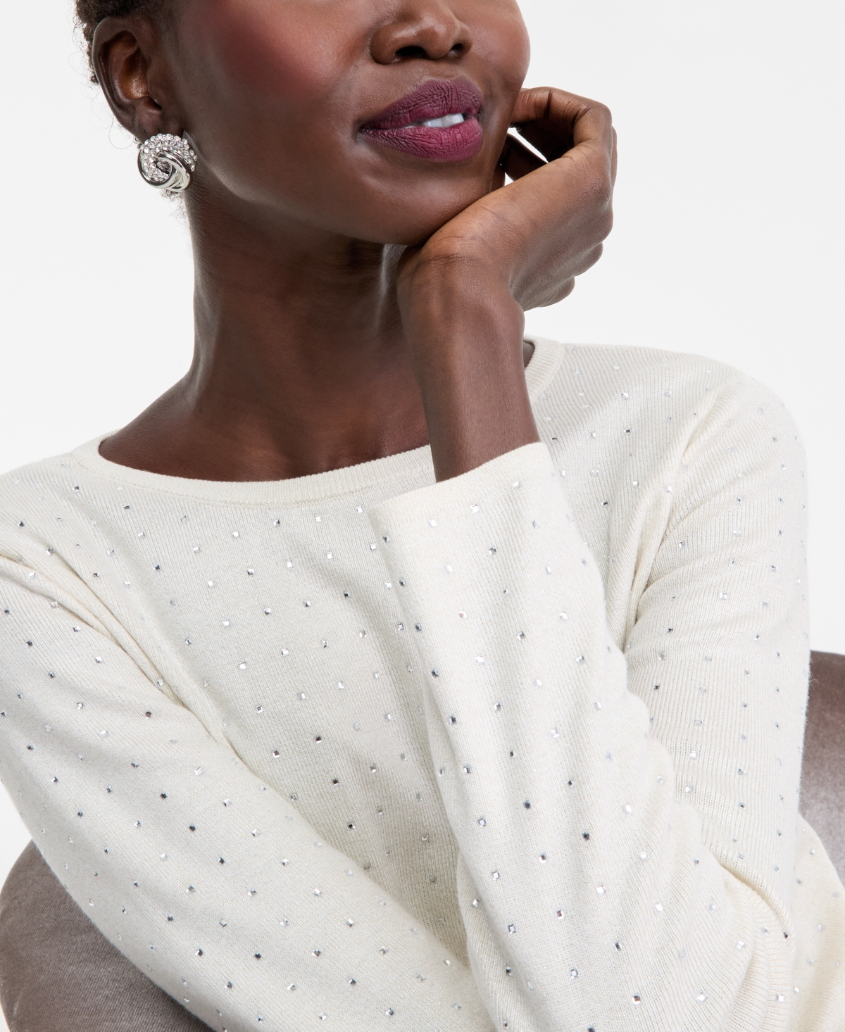 Inc International Concepts Women's Rhinestone Scoop-neck Sweater, Macy's Exclusive In White