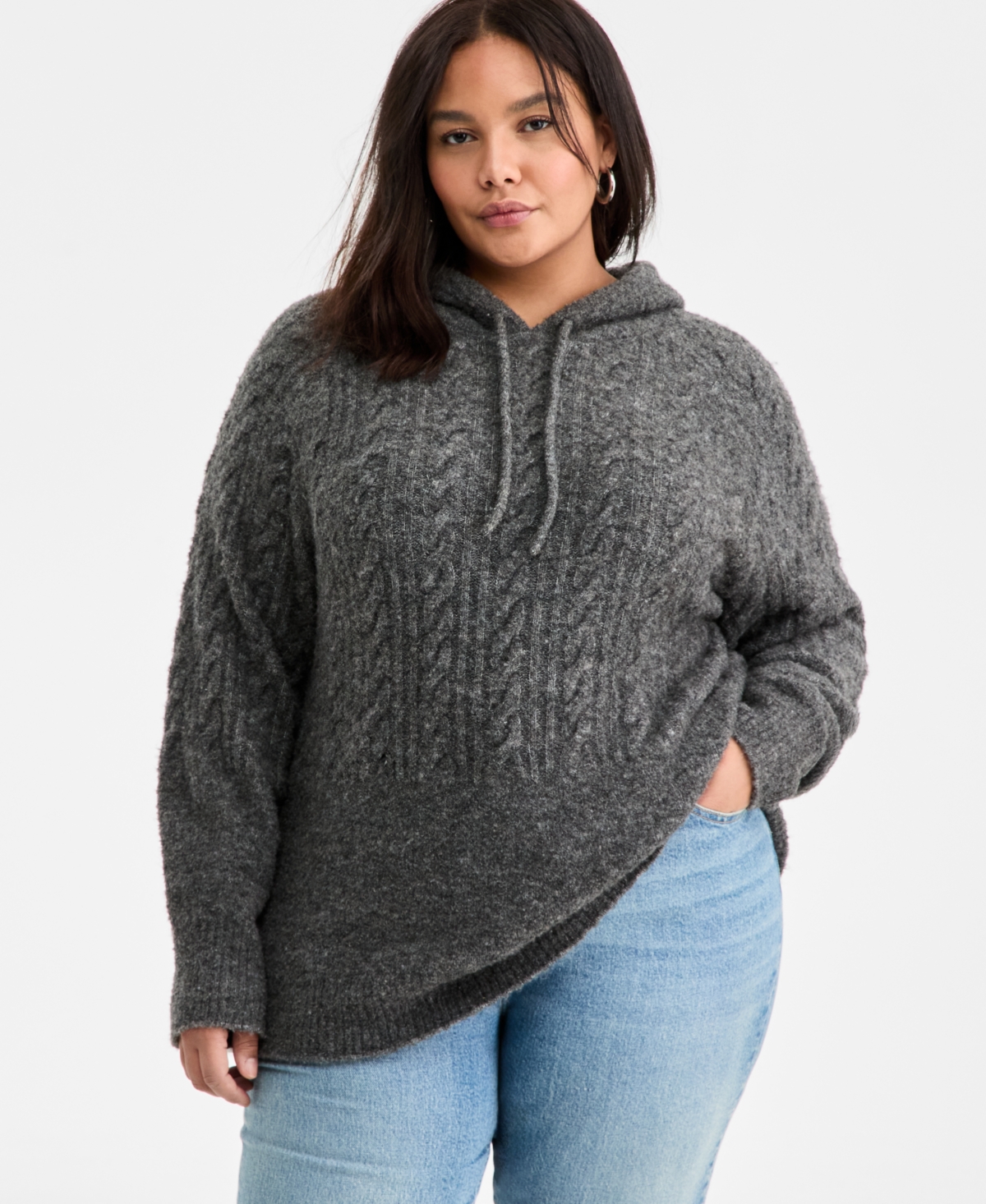 On 34th Trendy Plus Cable-Knit Cozy Sweater Hoodie, Macy's Exclusive