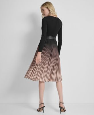 Women's Ombr&eacute; Sunburst Pleat-Skirt Long-Sleeve Midi Dress