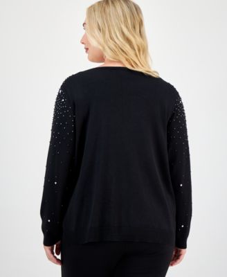 Plus Size Rhinestone Boat-Neck Long-Sleeve Sweater
