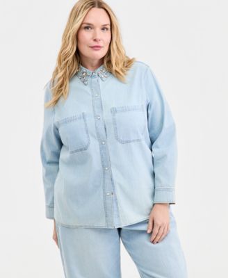 Trendy Plus Size Embellished Collar Denim Shirt & Embellished Cropped Barrel-Leg Jeans, Macy's Exclusive