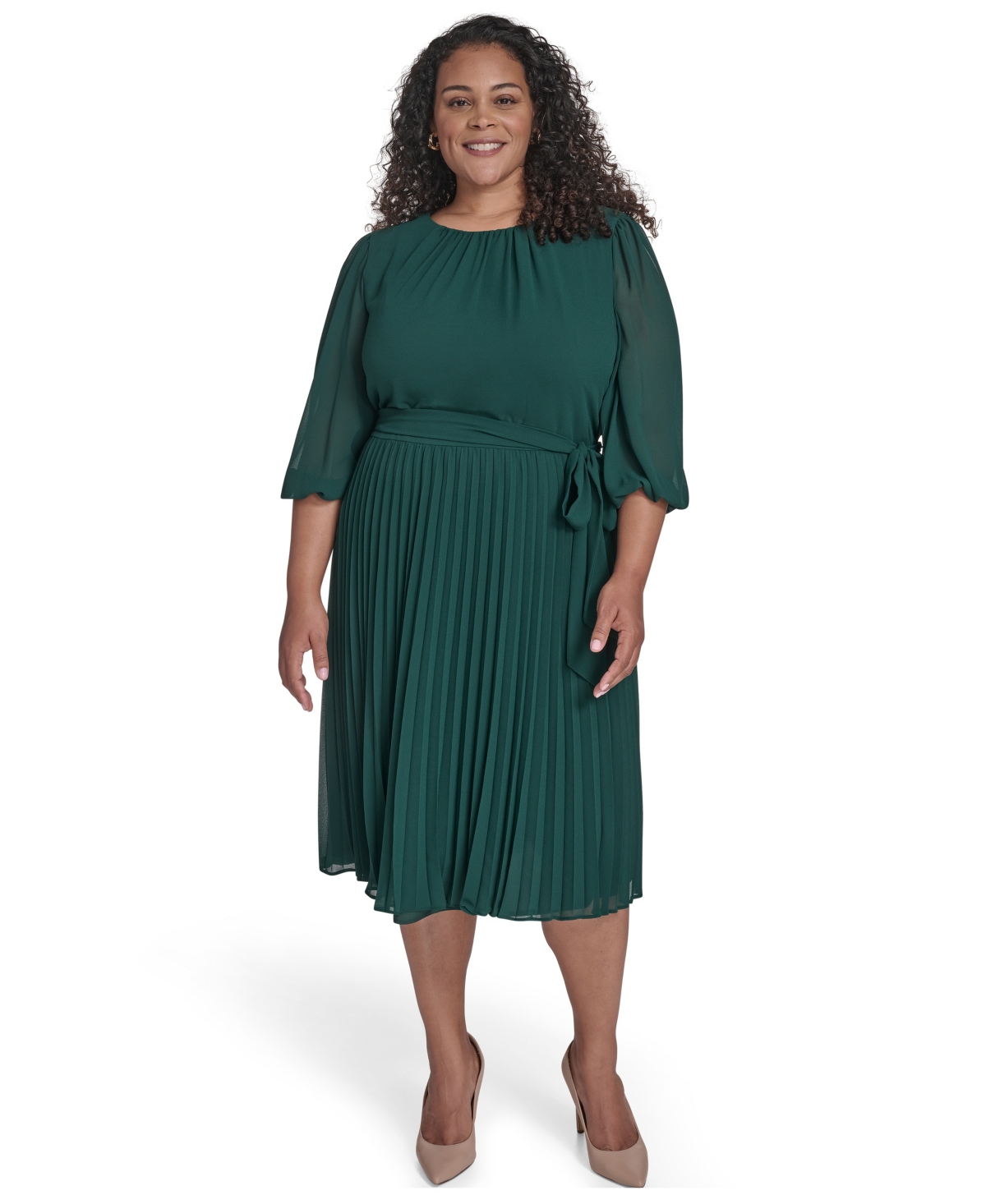 Jessica Howard Plus Size Ballon Sleeve Midi Dress In Green