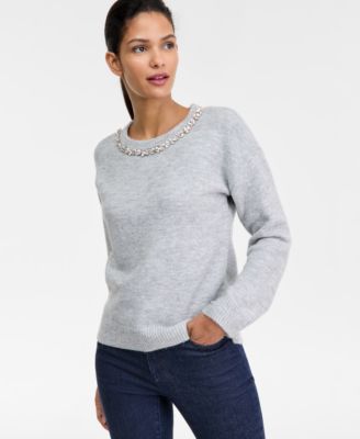 I.N.C. International Concepts - Women's Long-Sleeve Embellished-Neck Sweater